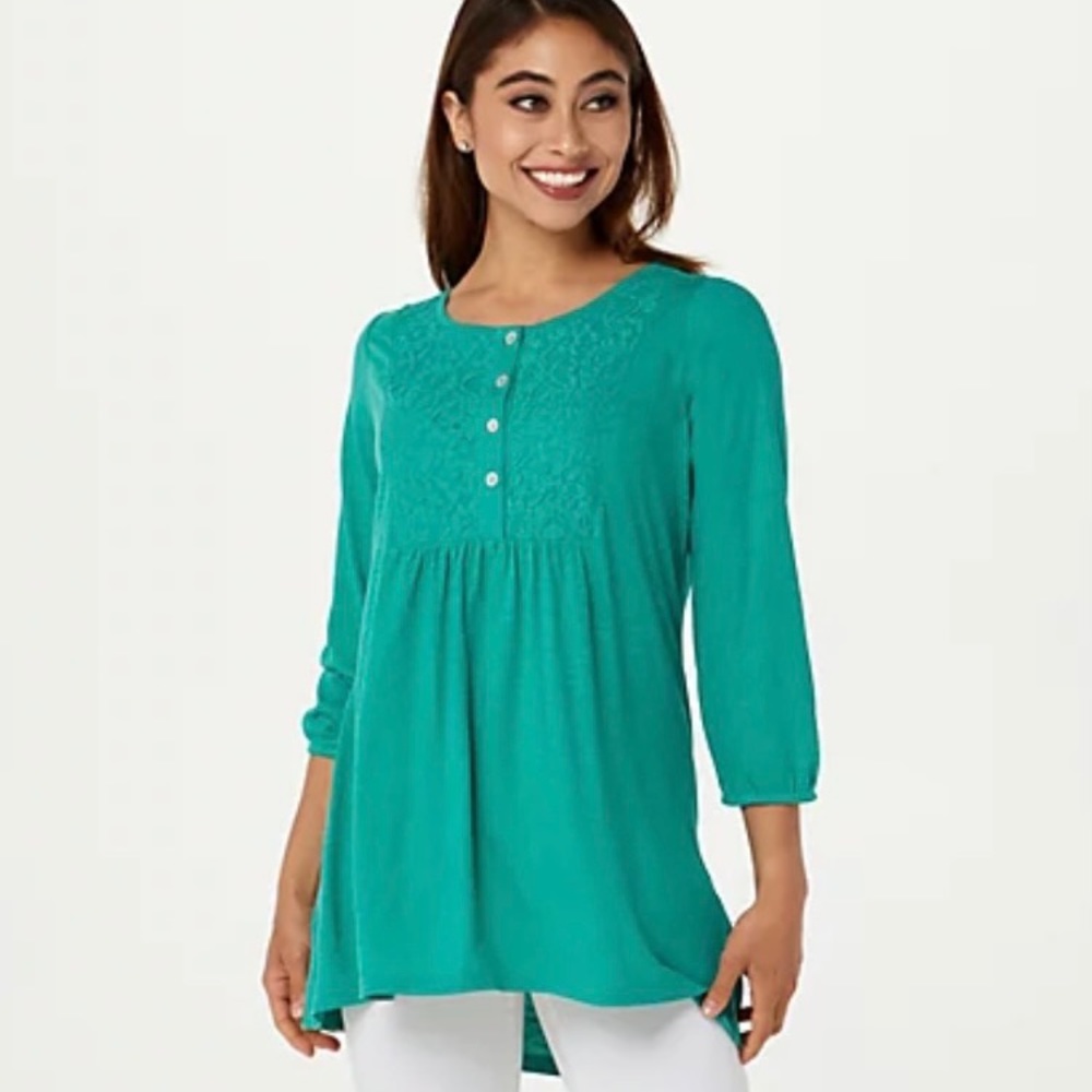 LOGO by Lori Goldstein Knit Top with Button Front Lace Placket